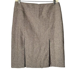 DKNY Size 12 Wool Skirt Embellished Tan Office Siren Tweed School Business Chic